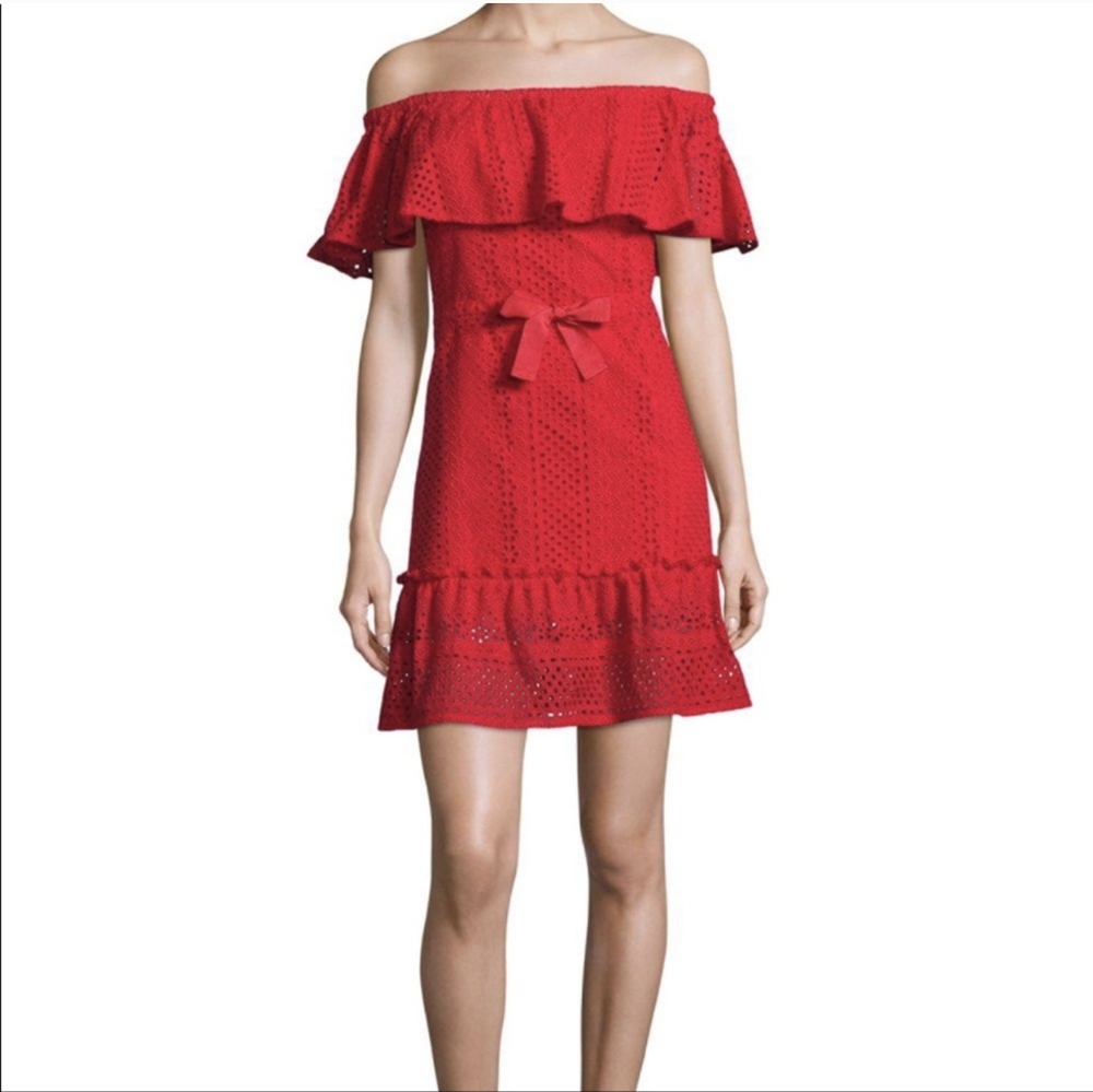LIKELY Red off shoulder eyelet lace dress